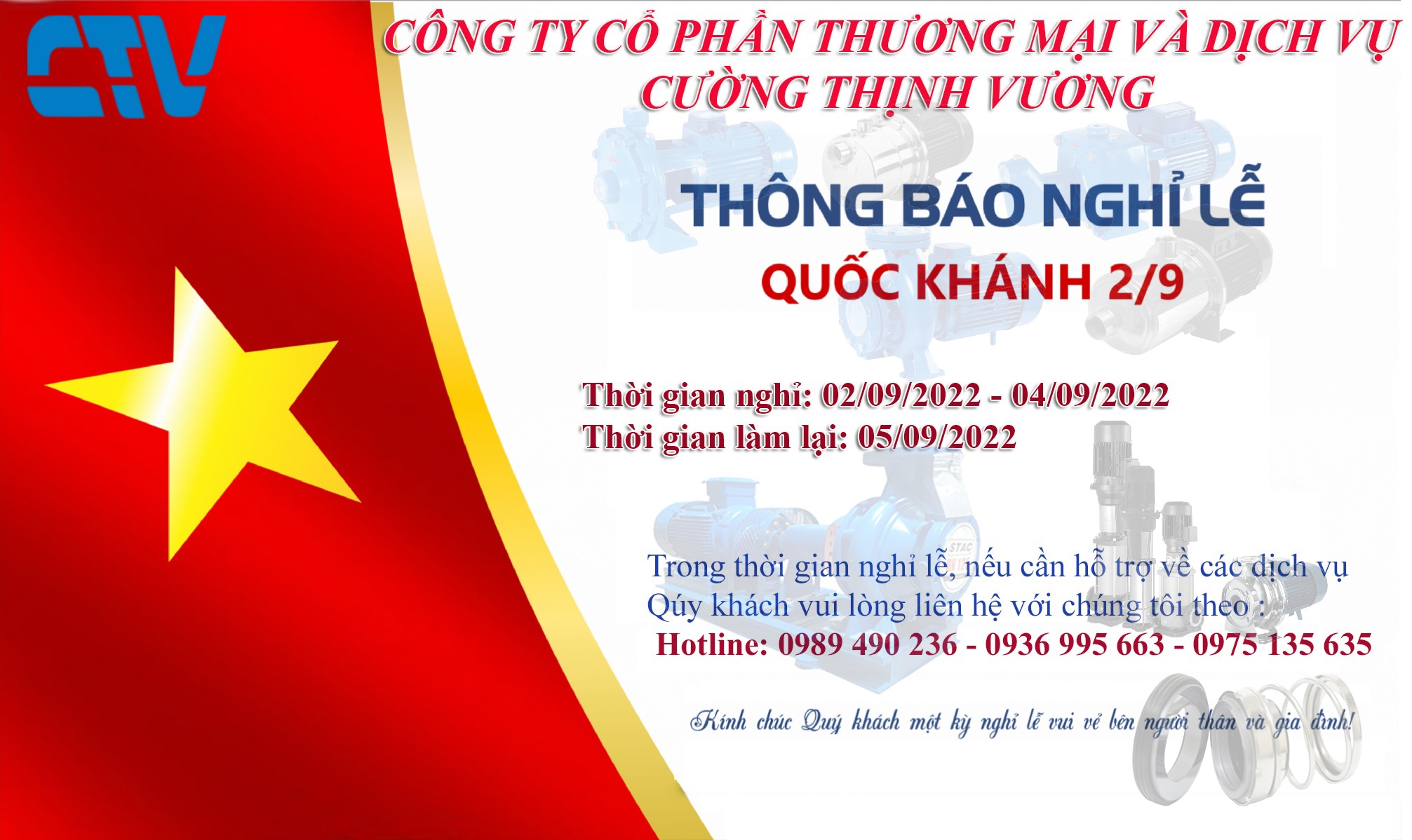Thông báo lịch nghỉ lễ Quốc Khánh 2/9/2022 - Công ty CP TM & DV Cường Thịnh Vương